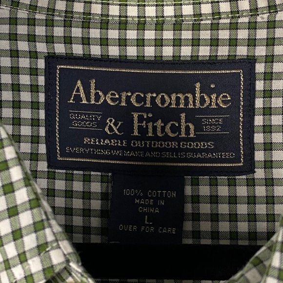 Abercrombie & Fitch Button Down Shirt Mens Large Green Plaid Relaxed Fit Logo - Picture 4 of 8